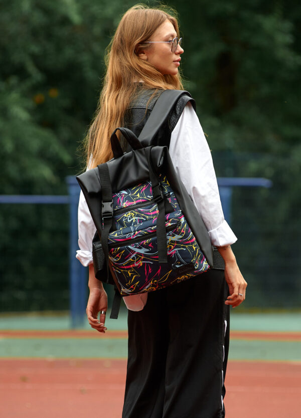 Женский рюкзак для ноутбука Sambag RollTop LTT черный с принтом